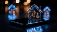 Glowing miniature house models on smartphone screen with bokeh lights, reflecting digital real estate and smart home technology concept in blue tones.