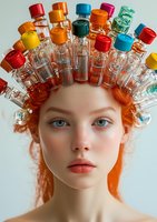 Creative portrait featuring colorful glass vials arranged as crown headpiece against light background, with red hair and natural makeup styling for beauty concept.