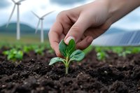 Hand planting green seedling in fertile soil with wind turbines and solar panels in background, representing sustainable agriculture and renewable energy future.