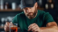 Bearded Caucasian man in green t-shirt and black cap examining craft cocktail at bar counter. Professional bartender evaluating drink quality in dimly lit setting.