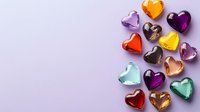 Colorful glass heart shapes scattered on purple background. Romantic decorative elements in various jewel tones create festive Valentine's day composition.