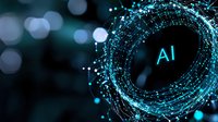 Glowing blue AI text surrounded by digital network connections and particles on dark background with bokeh effect creates futuristic technological atmosphere.