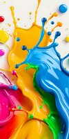 Vibrant paint splashes and drops in motion creating dynamic abstract composition with yellow, blue, green, and pink colors on light background. For creative design.