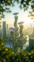 Futuristic eco-friendly city with spiral green towers and blooming flowers at sunset showcasing sustainable urban architecture and environmental harmony.