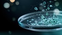 Bubbles and microorganisms in petri dish with liquid culture medium against dark background. Scientific research in microbiology laboratory.