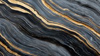 Luxurious black and gold marble texture with flowing wavy lines. Natural stone pattern in dark gray with golden veins creates elegant abstract background.