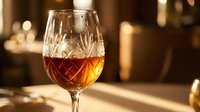 Crystal cut wine glass filled with amber whiskey on wooden table with warm bokeh lighting creating elegant bar atmosphere for luxury dining experiences.
