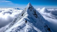 Mountaineer climbing snowy peak above clouds with dramatic alpine landscape and blue sky for adventure and extreme sports content.