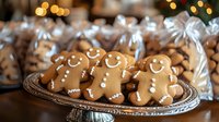 Freshly baked gingerbread men cookies with white icing decorations arranged on vintage silver plate, festive bokeh lights in background. Holiday baking.