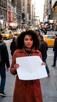 Young African American woman holding blank white sign on busy city street with yellow taxis and pedestrians in background during golden hour lighting.
