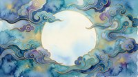 Mystical moon surrounded by swirling ornamental clouds in watercolor style with blue purple and gold tones for spiritual meditation and fantasy art projects.