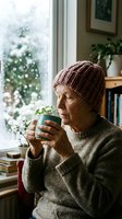 Senior Caucasian woman in knitted hat enjoying warm drink by snowy window in cozy home interior during winter season for lifestyle content.