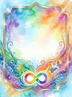Watercolor rainbow infinity symbol framed by ornate decorative border with flowing flourishes, vibrant gradient background, isolated on white for design projects.