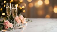 Two champagne flutes filled with sparkling wine beside pink roses on marble surface with golden bokeh lights creating romantic celebration atmosphere.