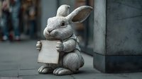 Adorable stone rabbit sculpture holding blank sign sits beside concrete pillar in urban setting, perfect for garden decor and outdoor display concepts.