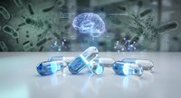 Medical capsules with glowing brain hologram and molecular structures for pharmaceutical research and neuroscience drug development concepts.