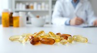Various vitamin and supplement capsules scattered on white surface with pharmacist in lab coat working at pharmacy counter in blurred background.