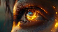 Macro shot of human eye with golden light reflections and magical sparkles. Extreme closeup showing long eyelashes and intricate iris detail in amber and blue tones.