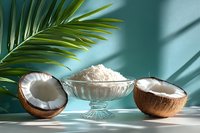 Fresh coconut halves and shredded coconut flakes in crystal bowl with palm leaf on turquoise background, casting natural shadows in sunlight.