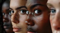 Close-up portrait of diverse women's faces in a row, showcasing different skin tones, eye colors, and facial features representing beauty in diversity.
