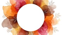 Autumn watercolor leaves frame with white circle center for text, warm fall colors orange red yellow brown, seasonal botanical border design.