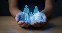 Hands protecting glowing blue family figures symbolizing life insurance, healthcare coverage, and family security concepts for financial planning materials.