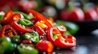 Fresh sliced red and green chili peppers on dark background with selective focus and natural light, macro food photography for spicy cuisine.
