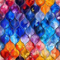Vibrant moroccan tile pattern with teardrop shapes in watercolor style featuring rich blues, purples, oranges and reds. Seamless geometric design perfect for fabric, wallpaper and surface patterns.