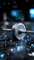 Metal dumbbell weight plate with water drops and blue bokeh lights on dark background, dramatic sports equipment composition for fitness motivation.
