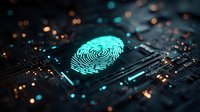 Glowing blue fingerprint scan on dark circuit board with bokeh lights, representing digital security technology for biometric authentication.
