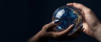Hands holding glowing crystal ball with digital circuit board and global network connections inside, representing future technology, artificial intelligence, and business innovation.