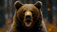 Majestic brown bear portrait with open mouth showing teeth against dark background with falling snow, creating dramatic wildlife atmosphere in natural habitat.