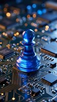 Blue glass chess pawn piece on computer circuit board with bokeh lights representing strategic technology planning and digital business decisions.