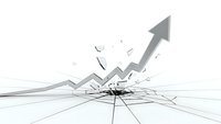 Business growth breakthrough concept with upward arrow breaking through cracked surface symbolizing success and progress in corporate development.
