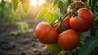 Fresh ripe red tomatoes growing on vine in organic garden with morning sunlight and water droplets for healthy eating and agriculture concepts.