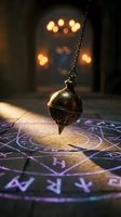 Antique brass pendulum swinging over mystical zodiac circle with warm candlelight creating atmospheric fortune telling scene for divination and spiritual practices.