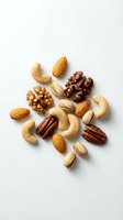 Mixed nuts collection with almonds cashews walnuts pecans and pistachios arranged on white background for healthy snacking and cooking ingredients.