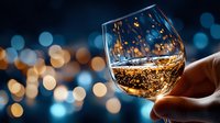 Glass of sparkling white wine held against blurred bokeh lights background, creating elegant atmosphere for celebration or romantic evening.