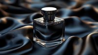 Elegant glass perfume bottle on luxurious black silk fabric with soft folds creating dramatic lighting and reflections. Perfect for beauty and fragrance marketing.