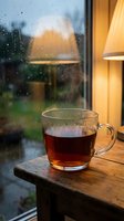 Steaming glass mug of tea on wooden table by rainy window with warm lamp light creating cozy indoor atmosphere for relaxation and comfort.