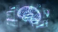 Digital brain with glowing neural networks surrounded by holographic data interfaces and charts representing artificial intelligence and machine learning technology.