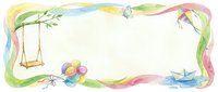 Watercolor spring frame with tree swing, paper boat, butterfly and colorful ribbons on white background. Decorative border for greeting cards and invitations.