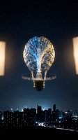 Glowing brain-shaped lightbulb with electric neural networks floating above night city skyline representing innovation and creative thinking concepts.