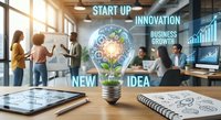 Young diverse business team brainstorming startup ideas in modern office with glowing lightbulb innovation concept overlay and growth charts on screens.