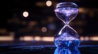 Magical hourglass with glowing cosmic dust and stars against dark background, creating mystical time concept with bokeh lights and reflective surface.