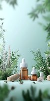 Essential oil bottles with dropper caps surrounded by fresh herbs and natural elements on mint green background. Wellness and aromatherapy concept.