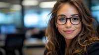 Professional young Caucasian businesswoman with glasses smiling confidently in modern office environment for corporate marketing materials.