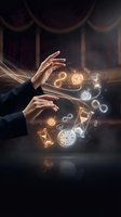 Hands manipulating glowing time management symbols including clocks, hourglasses, and infinity signs flowing from an open book in a theatrical setting, representing productivity and scheduling concepts.