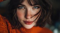 Young woman with freckles and blue eyes wearing orange sweater, hair blowing across face in soft natural light. Intimate portrait captures authentic beauty.