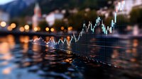 Financial market graph overlaid on blurred cityscape with evening lights reflecting on water surface, showing upward trend movement in stock analysis data.